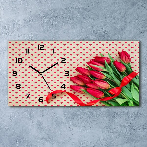 Horizontal rectangular wall clock Heart tulips