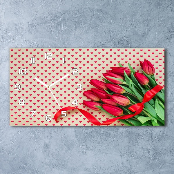 Horizontal rectangular wall clock Heart tulips