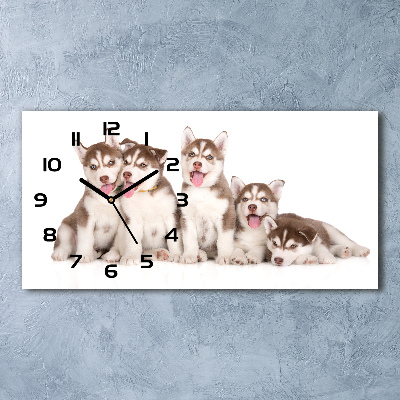 Horizontal rectangular wall clock Husky puppies