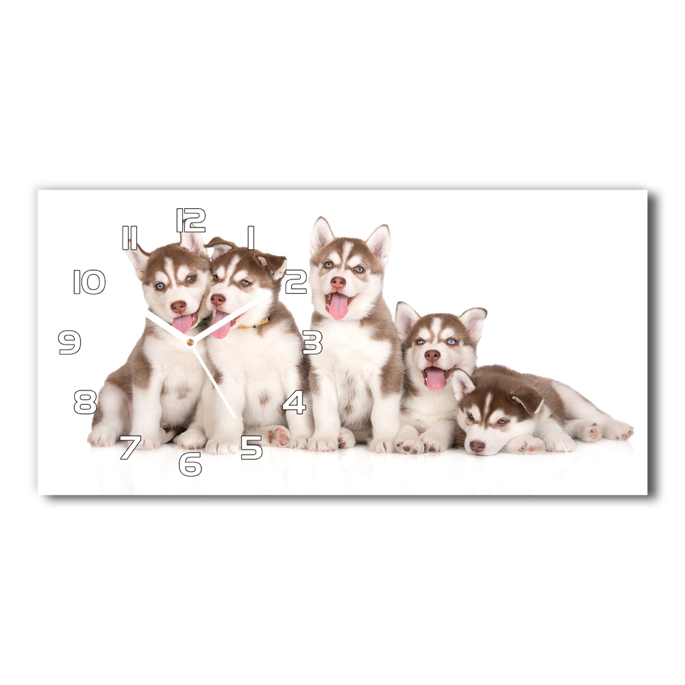 Horizontal rectangular wall clock Husky puppies