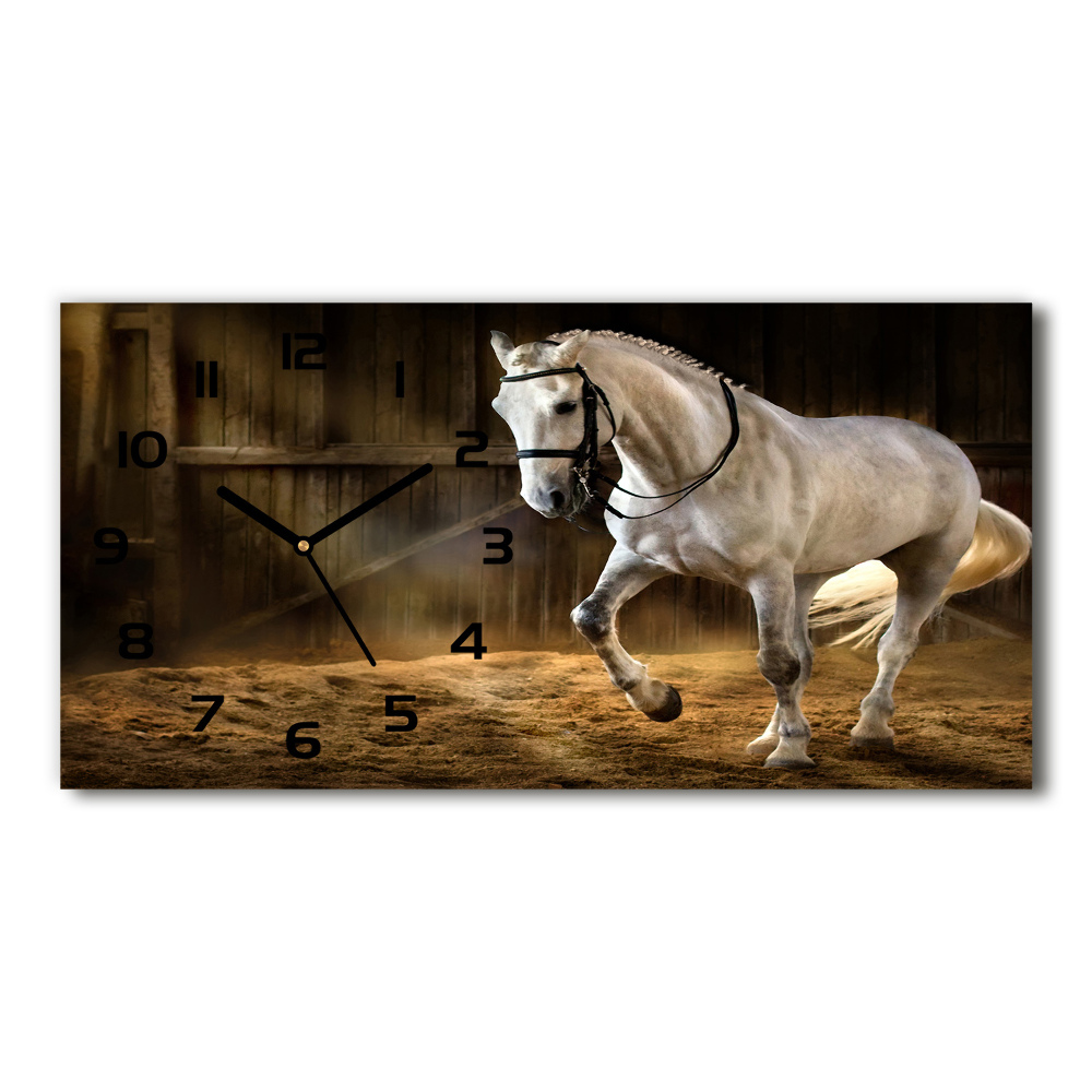 Horizontal wall clock White horse in the stable