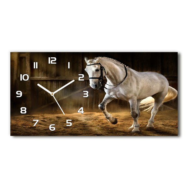 Horizontal wall clock White horse in the stable