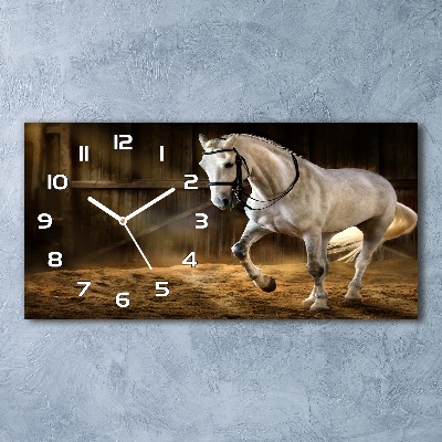 Horizontal wall clock White horse in the stable