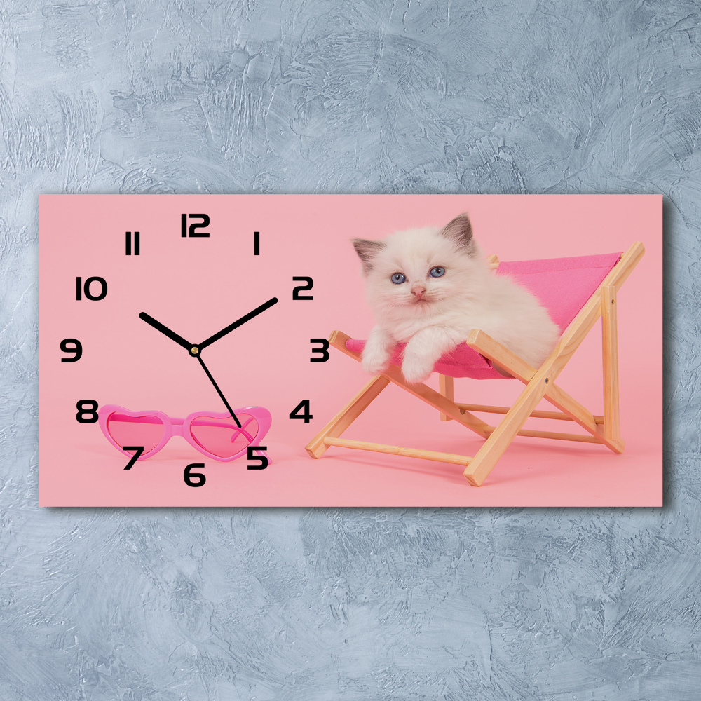 Horizontal rectangular wall clock Cat on a sun lounger