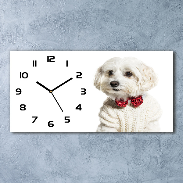 Horizontal rectangular wall clock Maltese in a bow tie