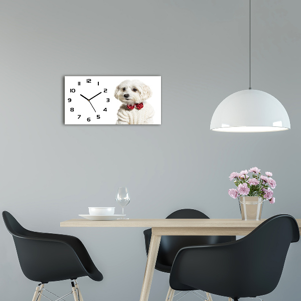 Horizontal rectangular wall clock Maltese in a bow tie