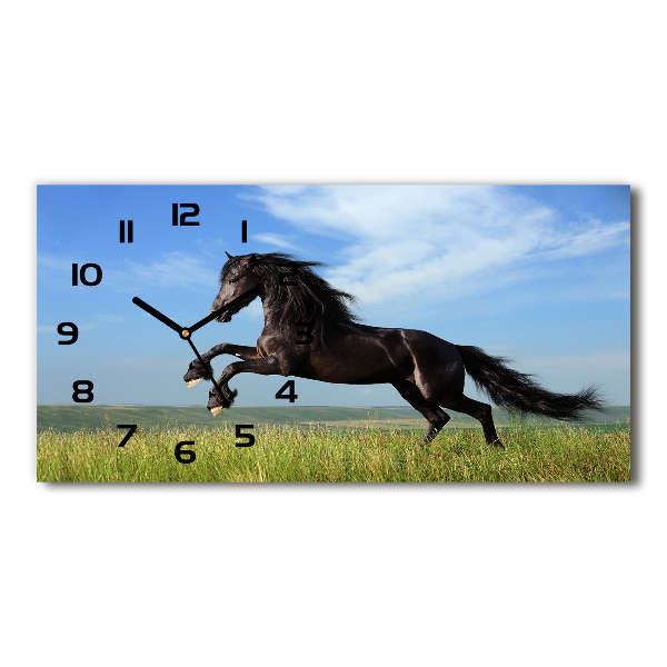 Horizontal wall clock Black horse in the meadow