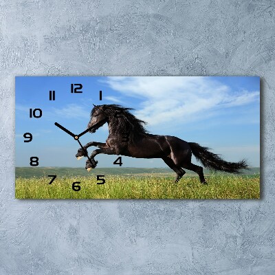 Horizontal wall clock Black horse in the meadow