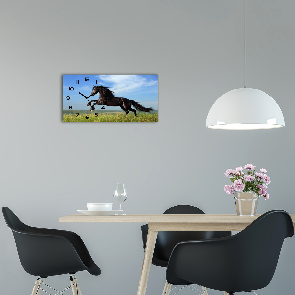 Horizontal wall clock Black horse in the meadow