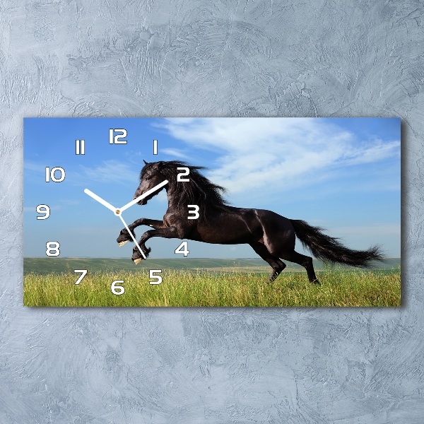 Horizontal wall clock Black horse in the meadow