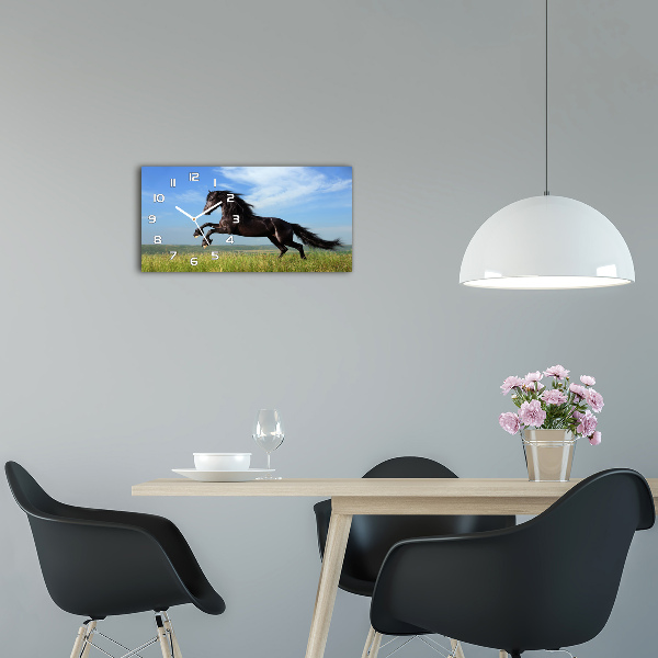 Horizontal wall clock Black horse in the meadow