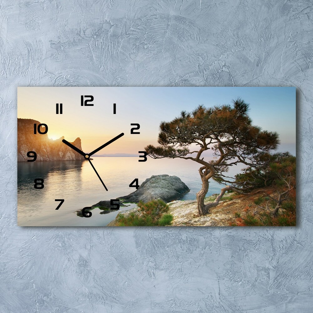 Horizontal rectangular wall clock Tree by the sea