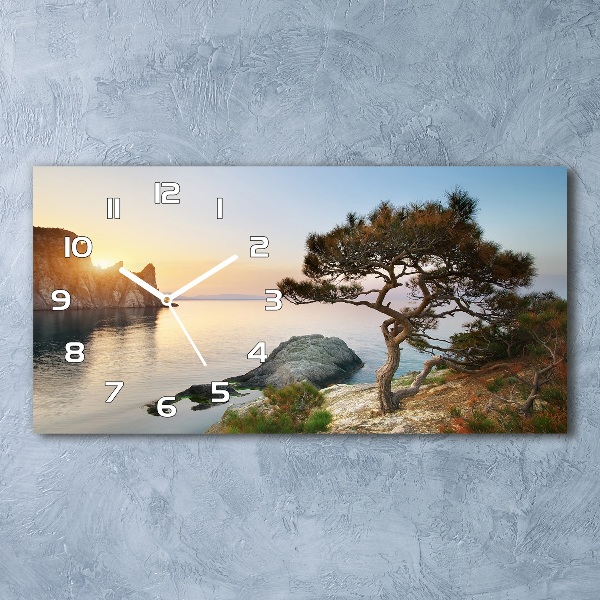 Horizontal rectangular wall clock Tree by the sea