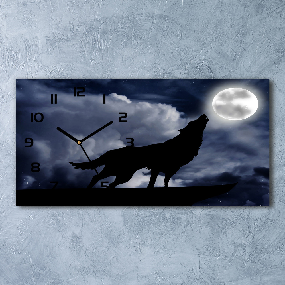 Horizontal rectangular wall clock A howling wolf full