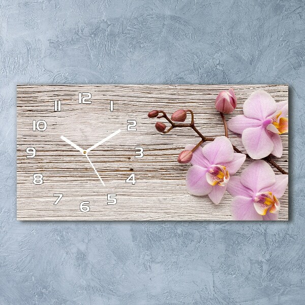 Horizontal rectangular wall clock Orchid on wood