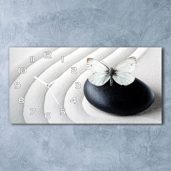 Horizontal rectangular wall clock Zen stone and butterfly