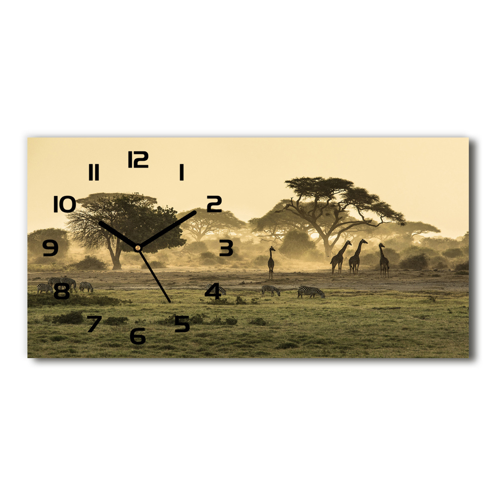 Horizontal rectangular wall clock Giraffes in the savanna