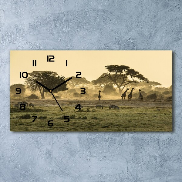 Horizontal rectangular wall clock Giraffes in the savanna