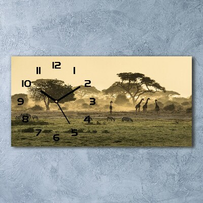 Horizontal rectangular wall clock Giraffes in the savanna