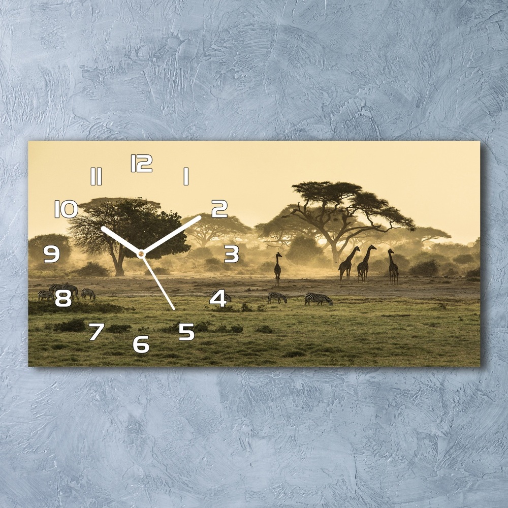 Horizontal rectangular wall clock Giraffes in the savanna