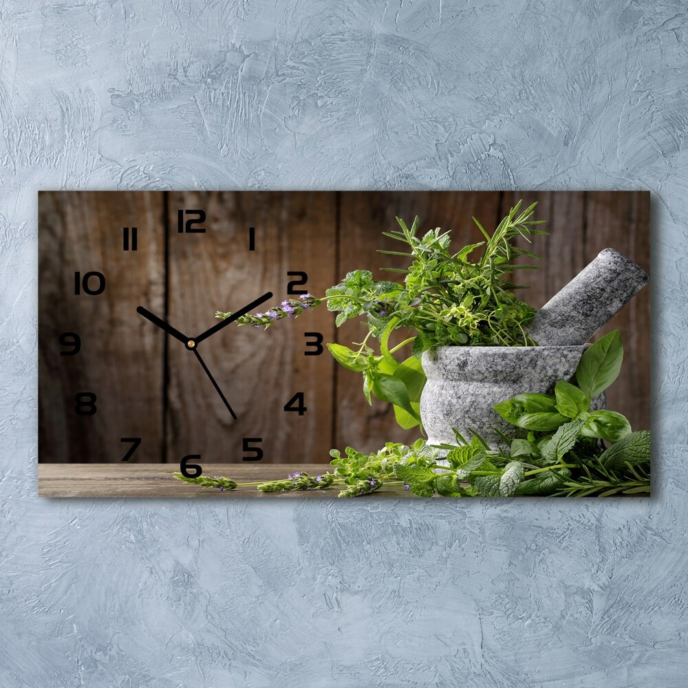 Horizontal wall clock Herbs in a mortar