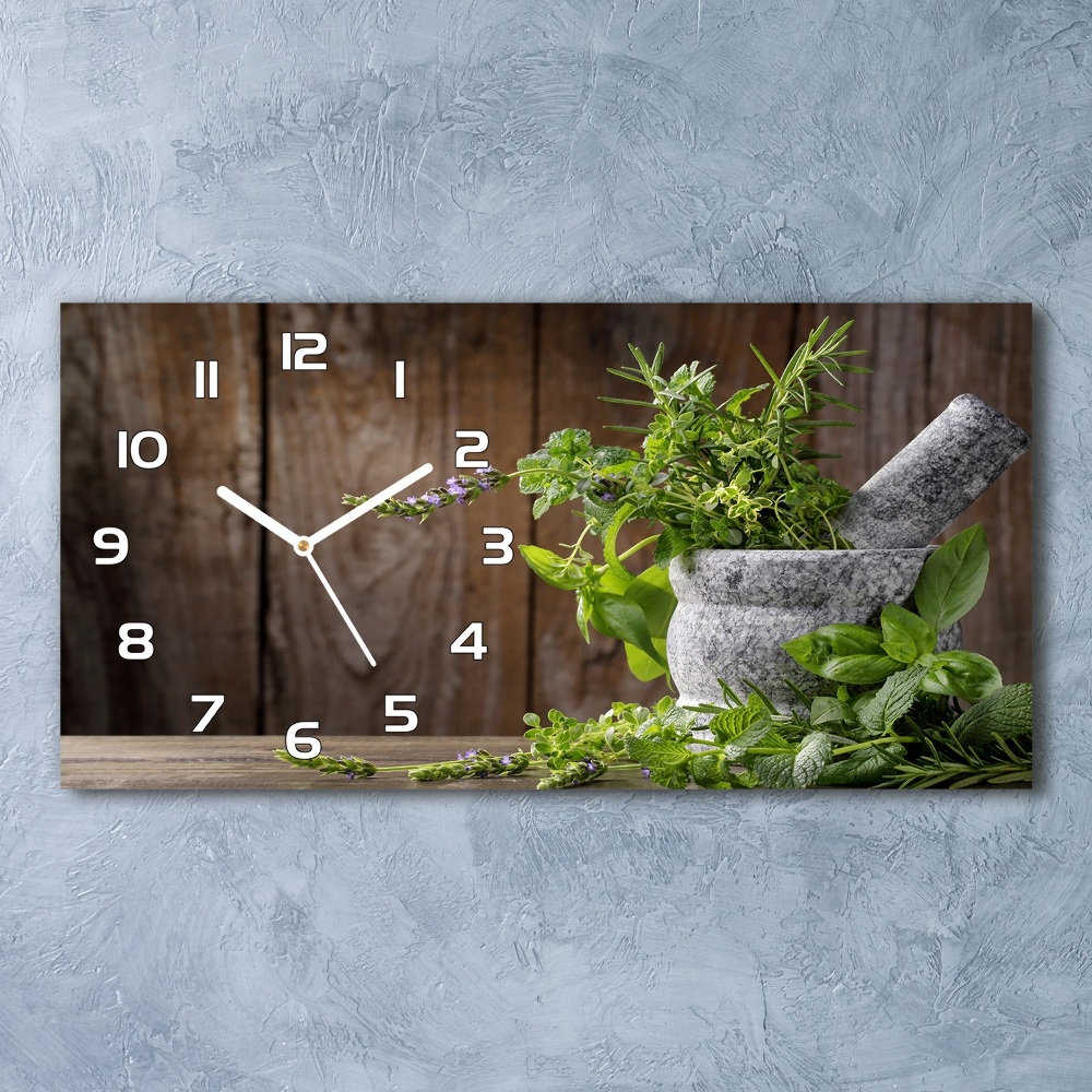 Horizontal wall clock Herbs in a mortar