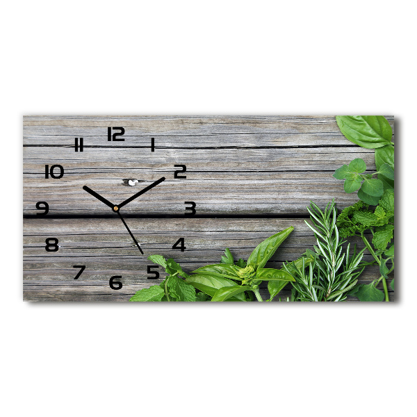 Horizontal wall clock Wooden background herbs