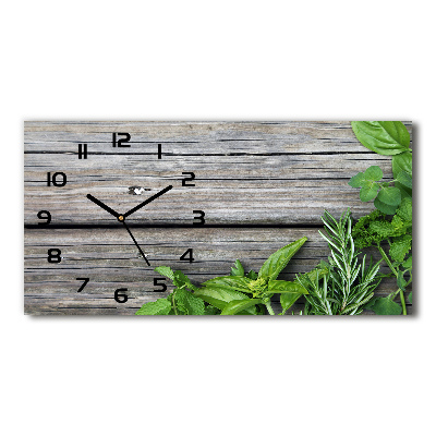 Horizontal wall clock Wooden background herbs