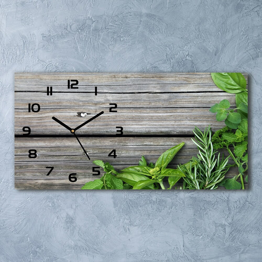 Horizontal wall clock Wooden background herbs