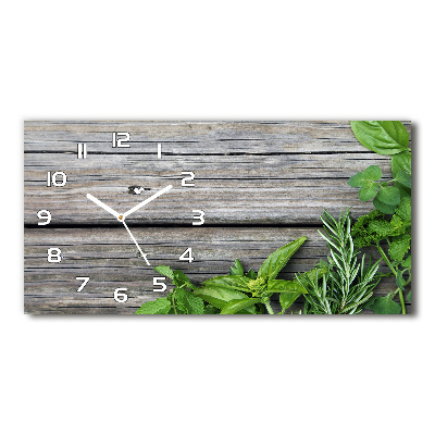 Horizontal wall clock Wooden background herbs