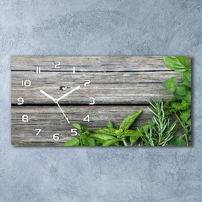 Horizontal wall clock Wooden background herbs