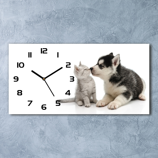 Horizontal rectangular wall clock Dog and cat