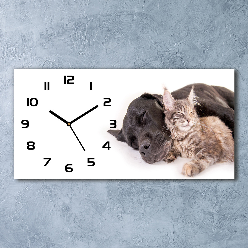 Horizontal wall clock Dog with a cat