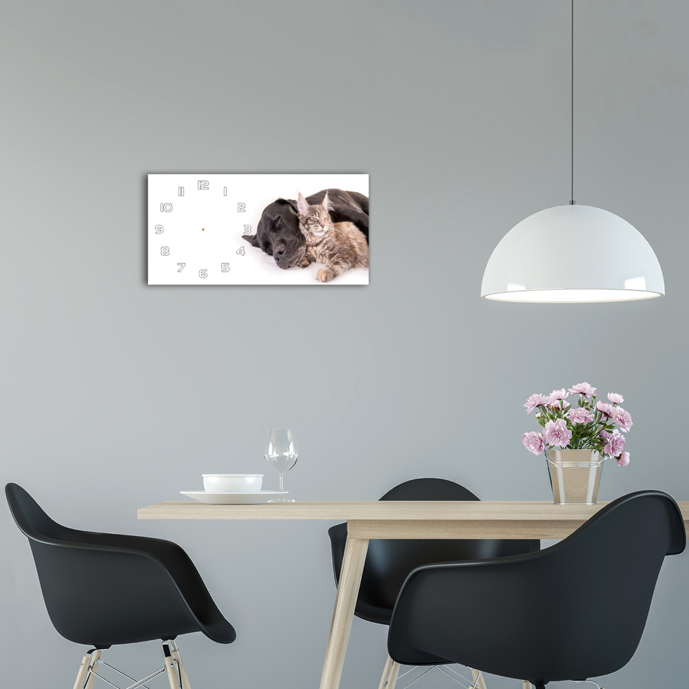 Horizontal wall clock Dog with a cat