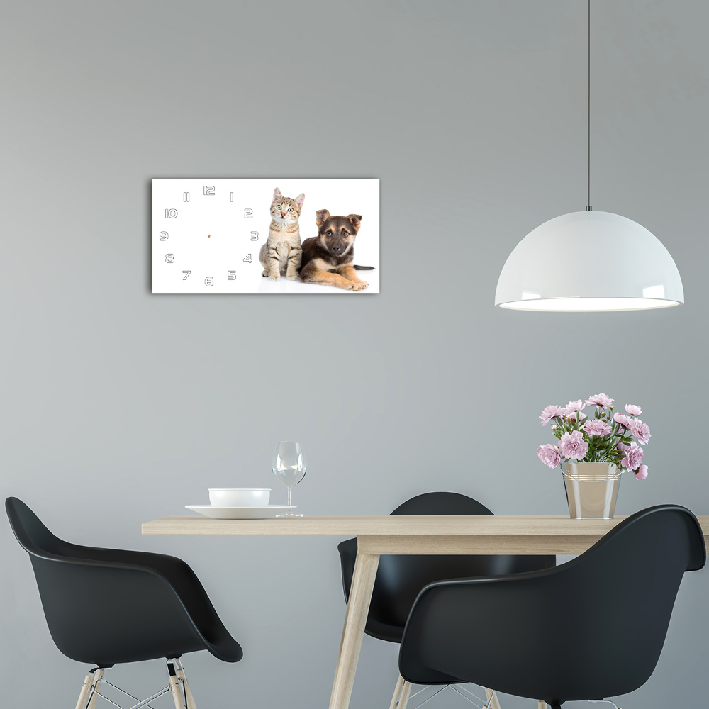 Horizontal rectangular wall clock Dog and cat