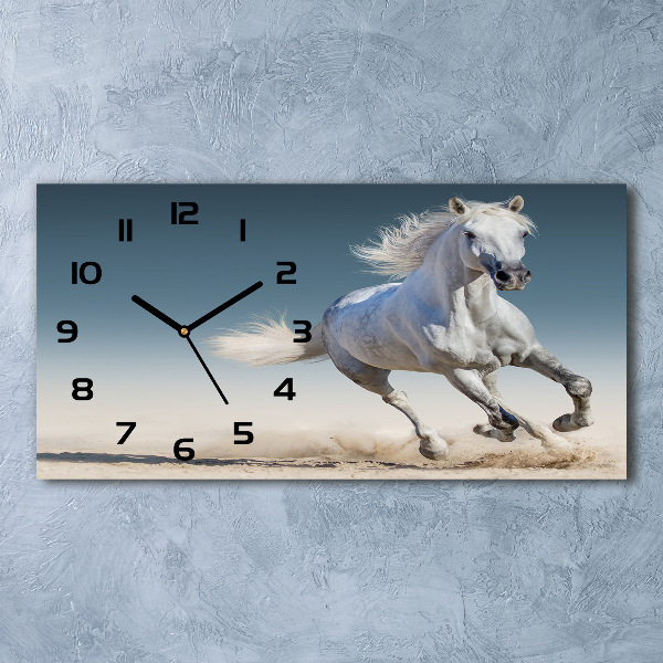 Horizontal wall clock White horse at a gallop