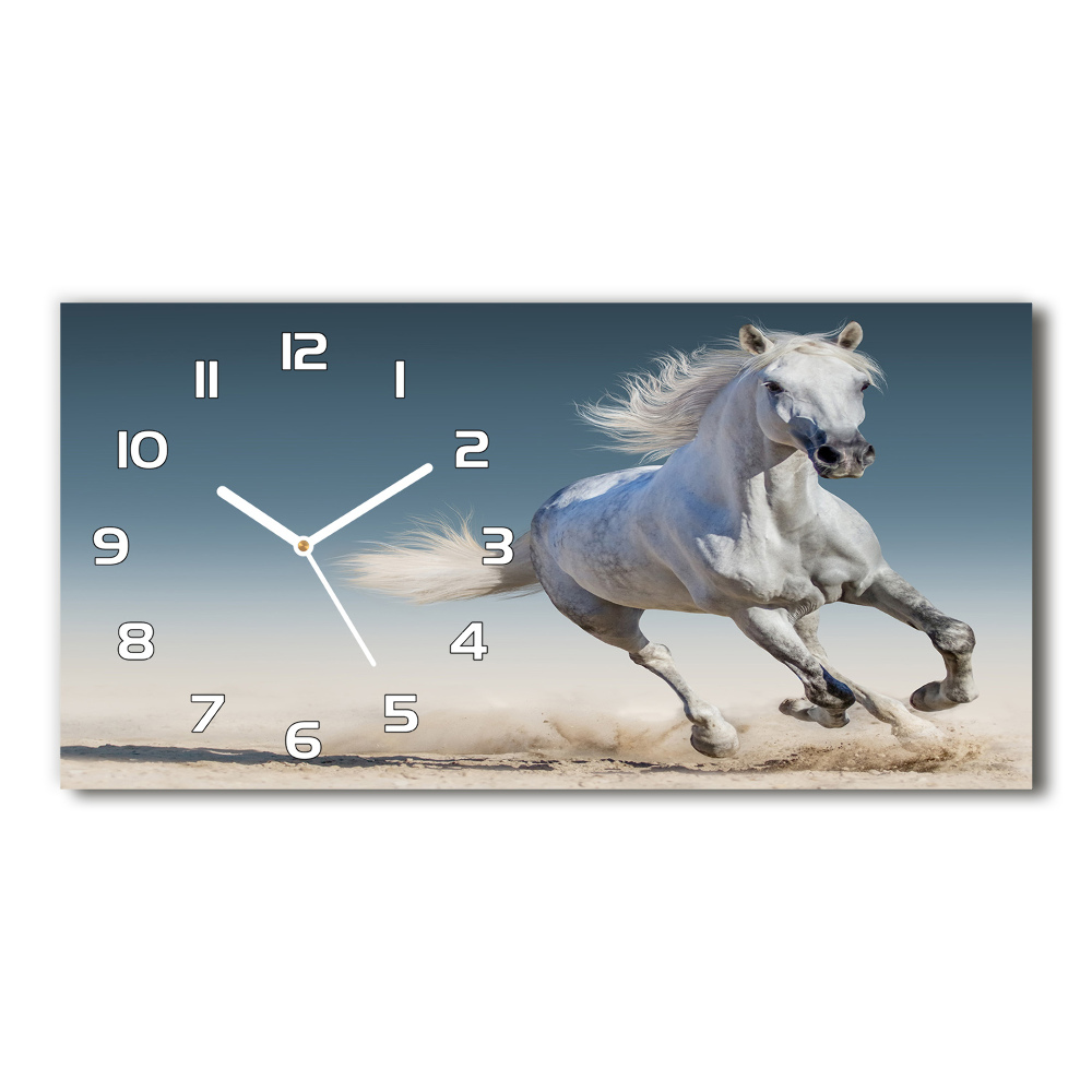 Horizontal wall clock White horse at a gallop