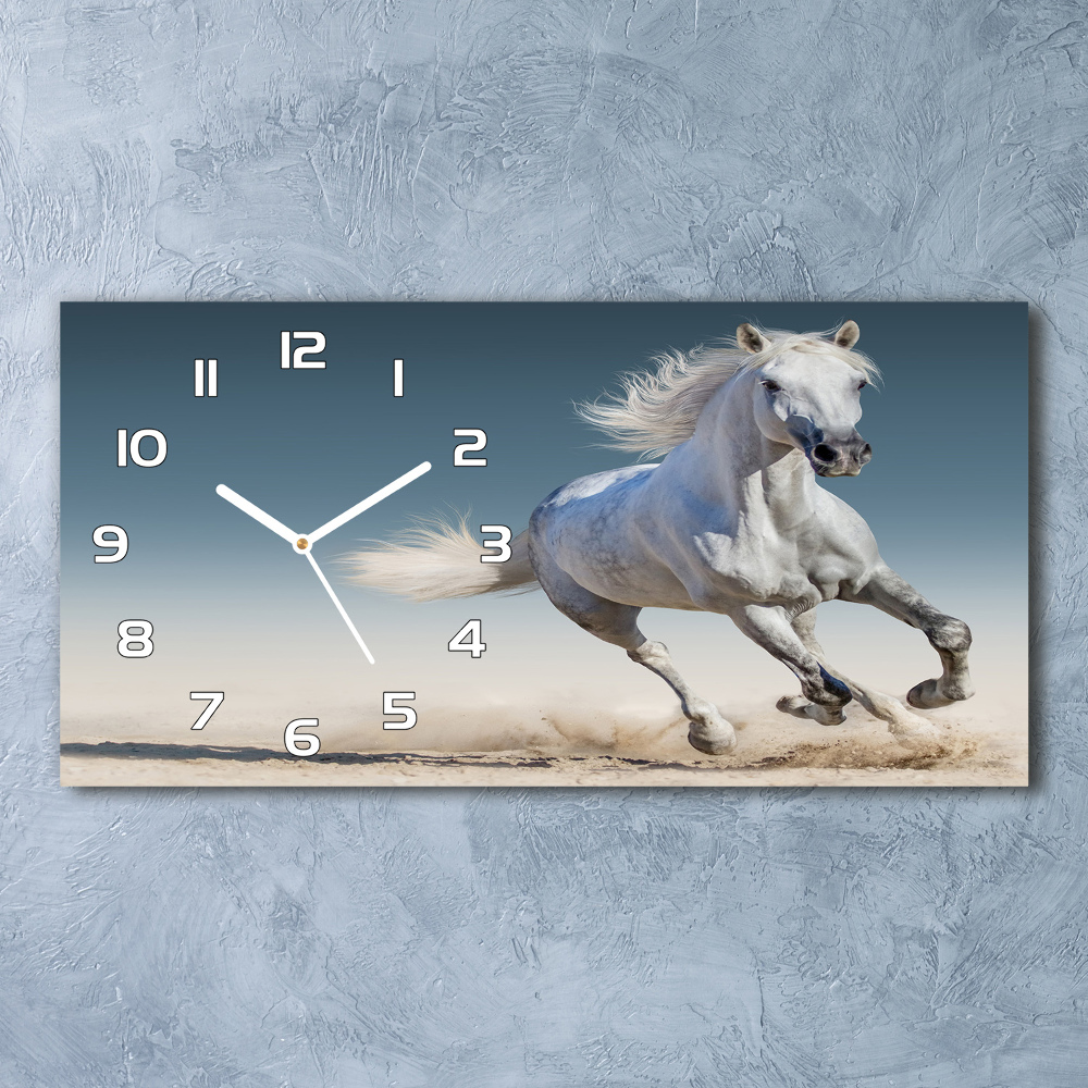 Horizontal wall clock White horse at a gallop