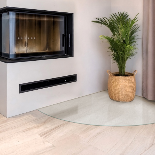 Quarter circle fireplace pad with a matte glass optical effect