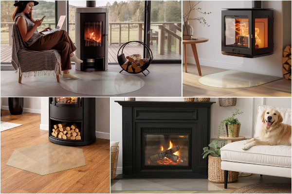 Semi-oval hearth pad for wood stove Frosted visual effect
