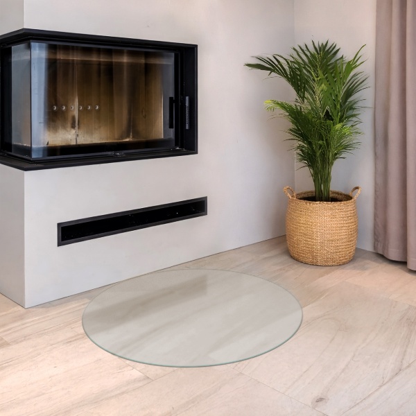 Round wood burner hearth pad with a milky glass optical effect