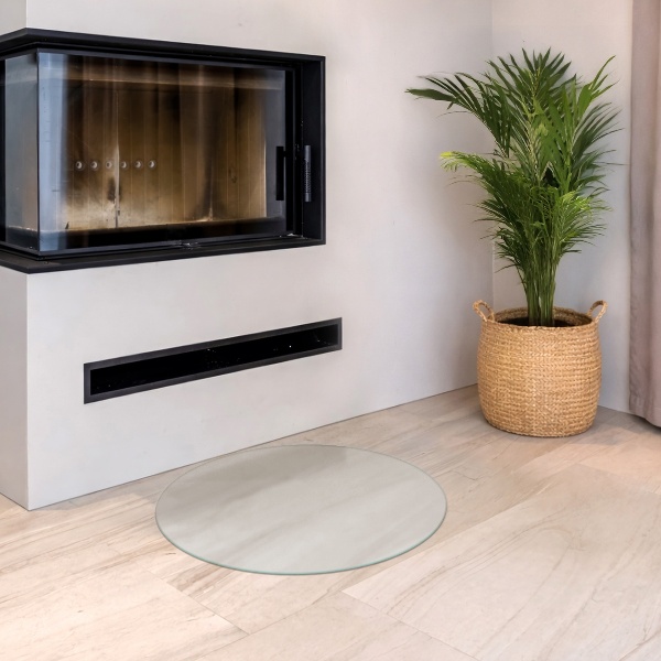 Round wood burner hearth pad with a milky glass optical effect