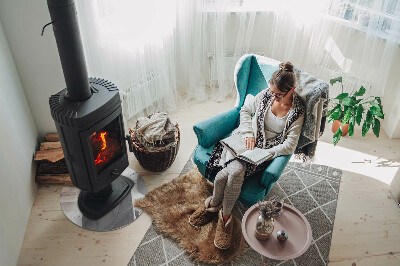 Round glass hearth for log burner Marble accents with delicate veining