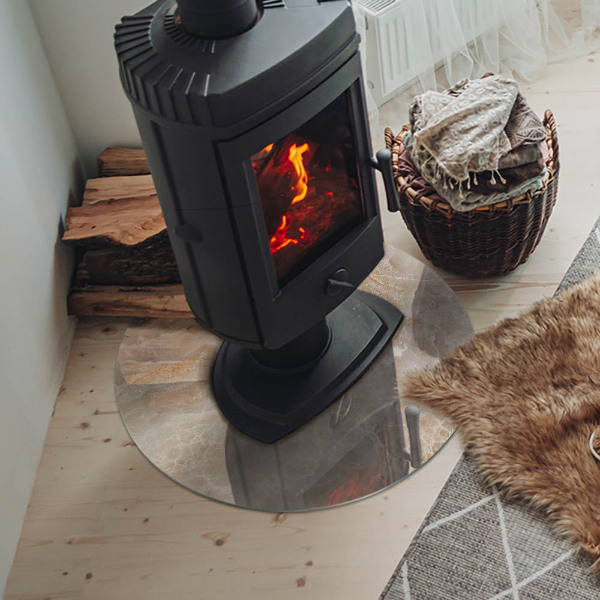 Round glass hearth for log burner Stone pattern inspired by nature