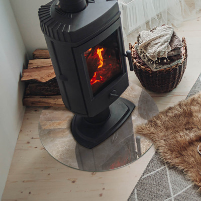 Round glass hearth for log burner Stone pattern inspired by nature