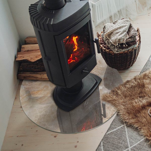 Round glass hearth for log burner Stone pattern inspired by nature