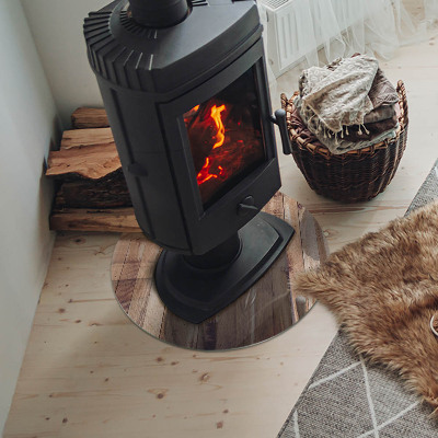 Round glass hearth for log burner Wooden pattern in a geometric arrangement