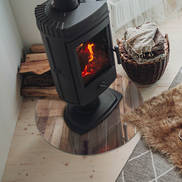 Round glass hearth for log burner Wooden pattern in a geometric arrangement