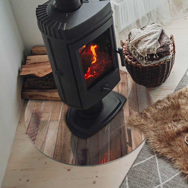 Round glass hearth for log burner Wooden pattern in a geometric arrangement