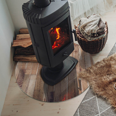 Round glass hearth for log burner Wooden pattern in a geometric arrangement